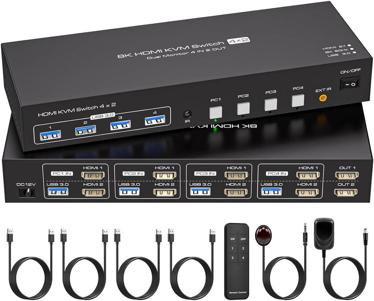 Dual Monitor HDMI KVM Switch 4 Computers 2 Monitors 8K@60Hz 4K@120Hz 4 Port KVM Switches for 4 PC Share 4 USB 3.0 Devices Support Copy and Extend Mode Includes Remote Control and Power Adapte