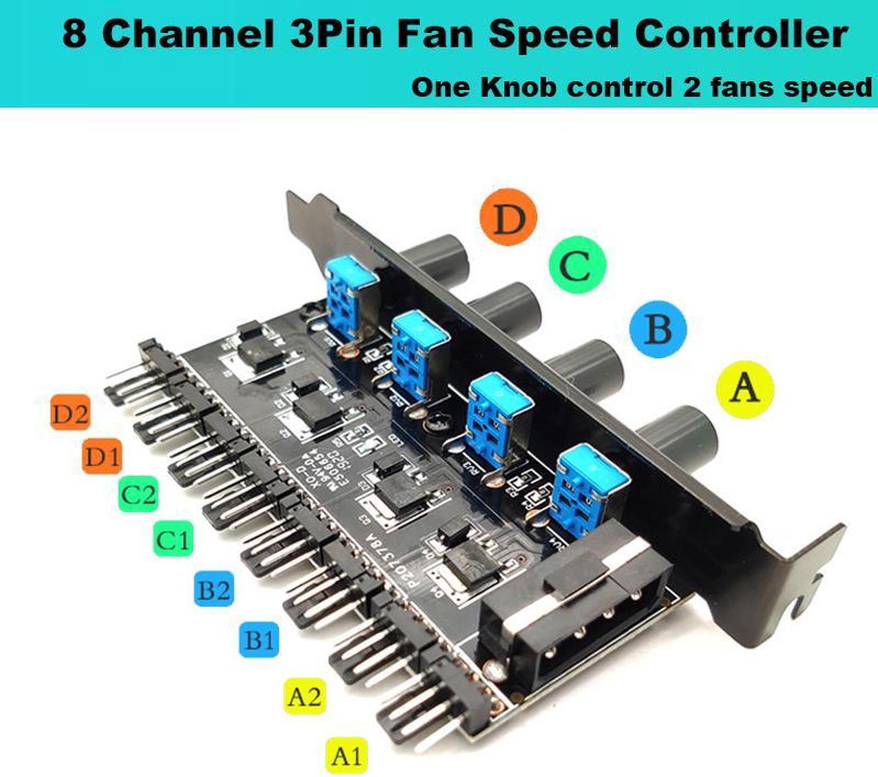 PCIFANCO8MPR 8 Channel 3-pin 4pin Fan speed Controller w/ OFF Switch - 8 Fans RPM Speed Reduce Regulator by 4 Knobs w/ PCI Slot Cover - Molex 4pin to 8 Port 3 4Pin Case/CPU Fan Hub Splitter