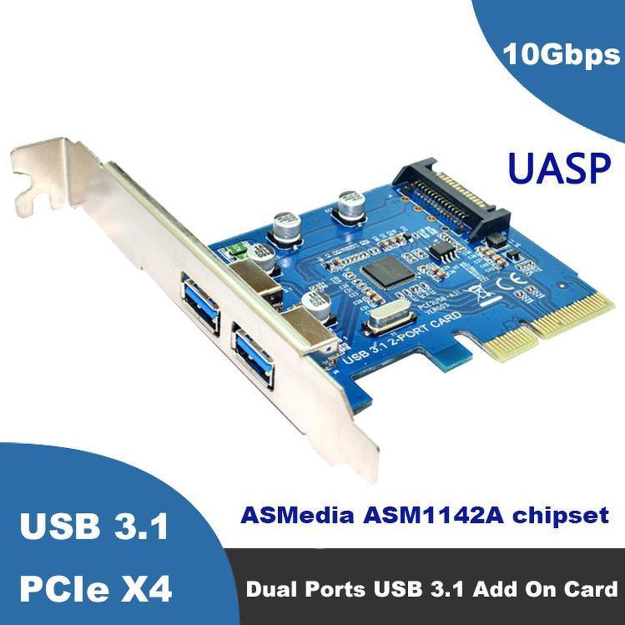 USB3.1(10Gbps) PCI-E 4X Expansion Card Adapter USB3.1(GEN2) Type-A 2-Port UASP PCI Express Card w/ SATA Power Connector - 10Gb/s ASM1142 Chpset for Desktop PC