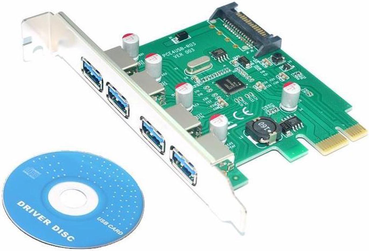 4 Port PCIE PCI-e to USB 3.0 Expansion Card - USB 3.0 Hub Controller PCI Express Card Adapter w/ Extra SATA 15 pin Power