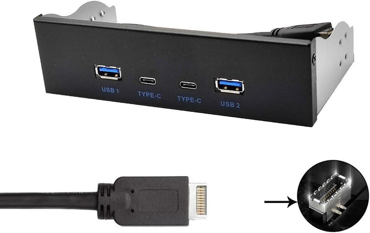 USB 3.2 10Gbps USB Front Panel Hub 5.25 inch Bay 2x Type-C and 2x USB-A 4 Ports USB Computer Case Expansion Adapter,USB 3.2 Motherboard Header 20Pin Key-A Type-E to 4 USB Splitter Adapter -2.6FT Cable