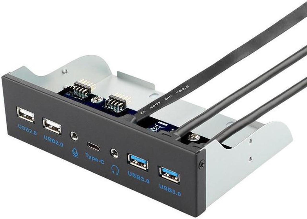 5.25 Inch Front Panel 5 Ports USB Hub w/ HD Audio Output Port & Microphone Input, USB 3.2 Gen 2(10Gbps) Type-C+2 x USB 3.0 & 2 x USB 2.0 w/ USB 3.2 20Pin(aka Type-E),USB 3.0 20-Pin Header Cable