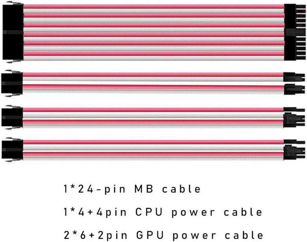 Main image of Mod Sleeved Cable, Pink & White Power Supply Cable Extension Kit, 24PIN ATX, 4+4 PIN EPS, Dual 6+2 PIN PCIE(11.81")