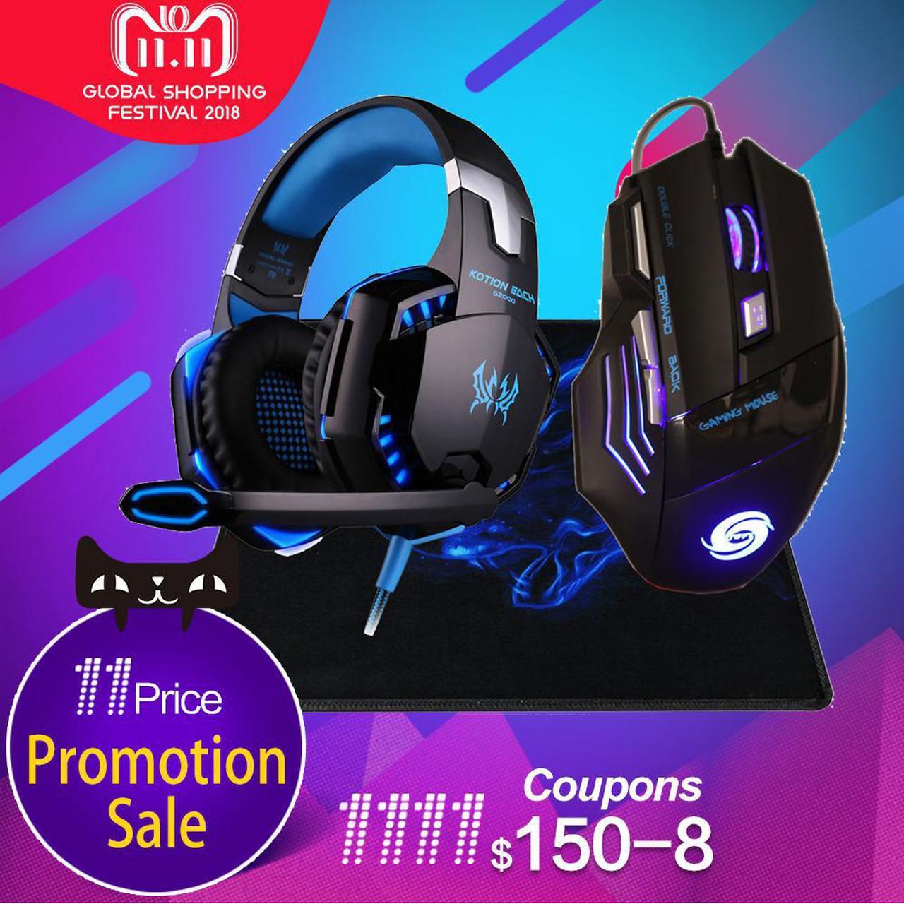 Professional 3200 DPI 7 Button 7D LED USB Wired Gaming Mouse Mice+Over-ear Gamer Headphone Headset Earphone with Mic Stereo Bass