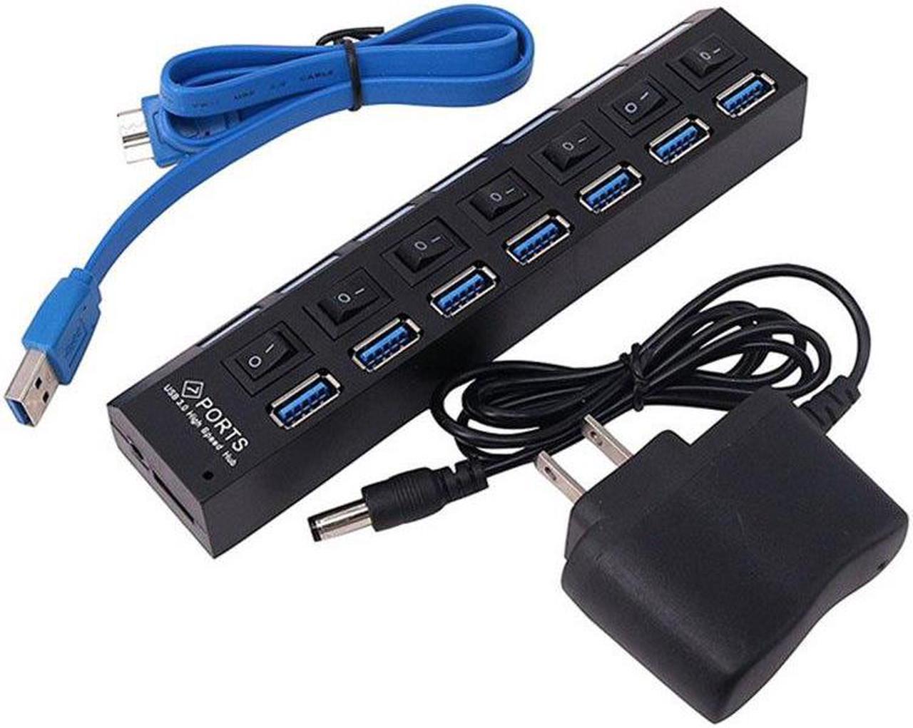 USB 3.0 Hub High Speed 7 Port USB3.0 Hub with EU/US Power Adapter Multi USB Splitter On/Off Switch for MacBook Laptop PC