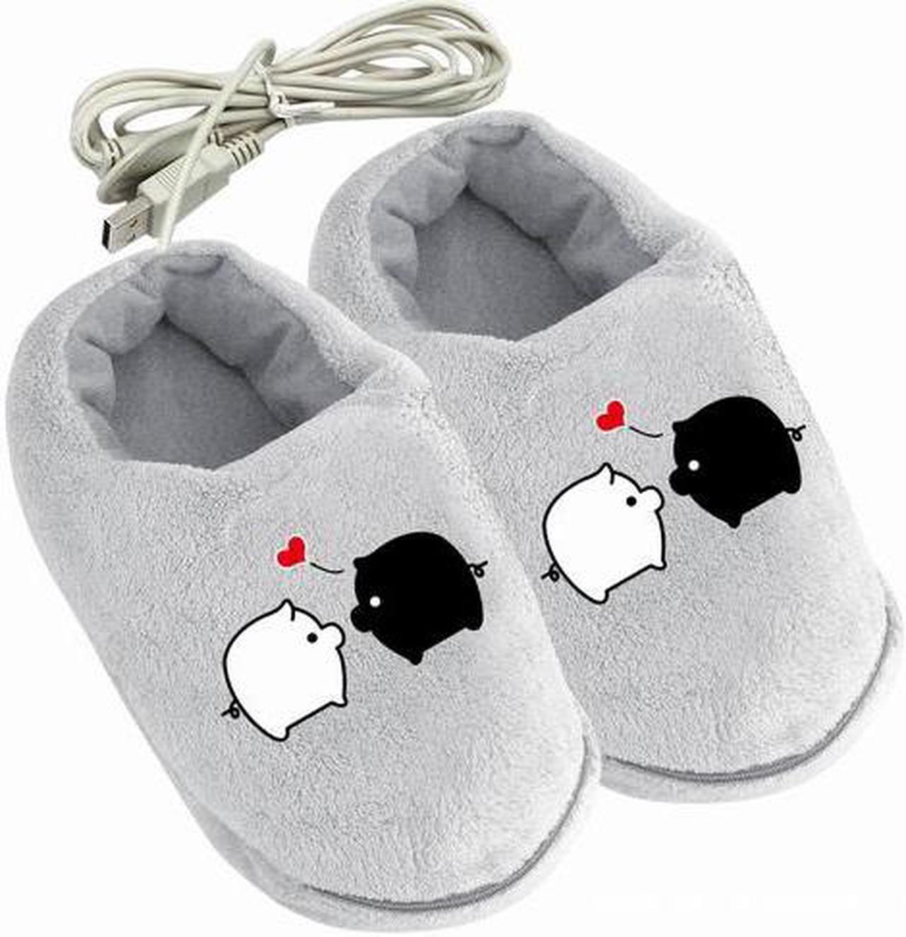 1 Pair USB Powered Cushion Shoes Electric Heat Slipper USB Gadget Cute Grey Piggy Plush USB Foot Warmer Shoes