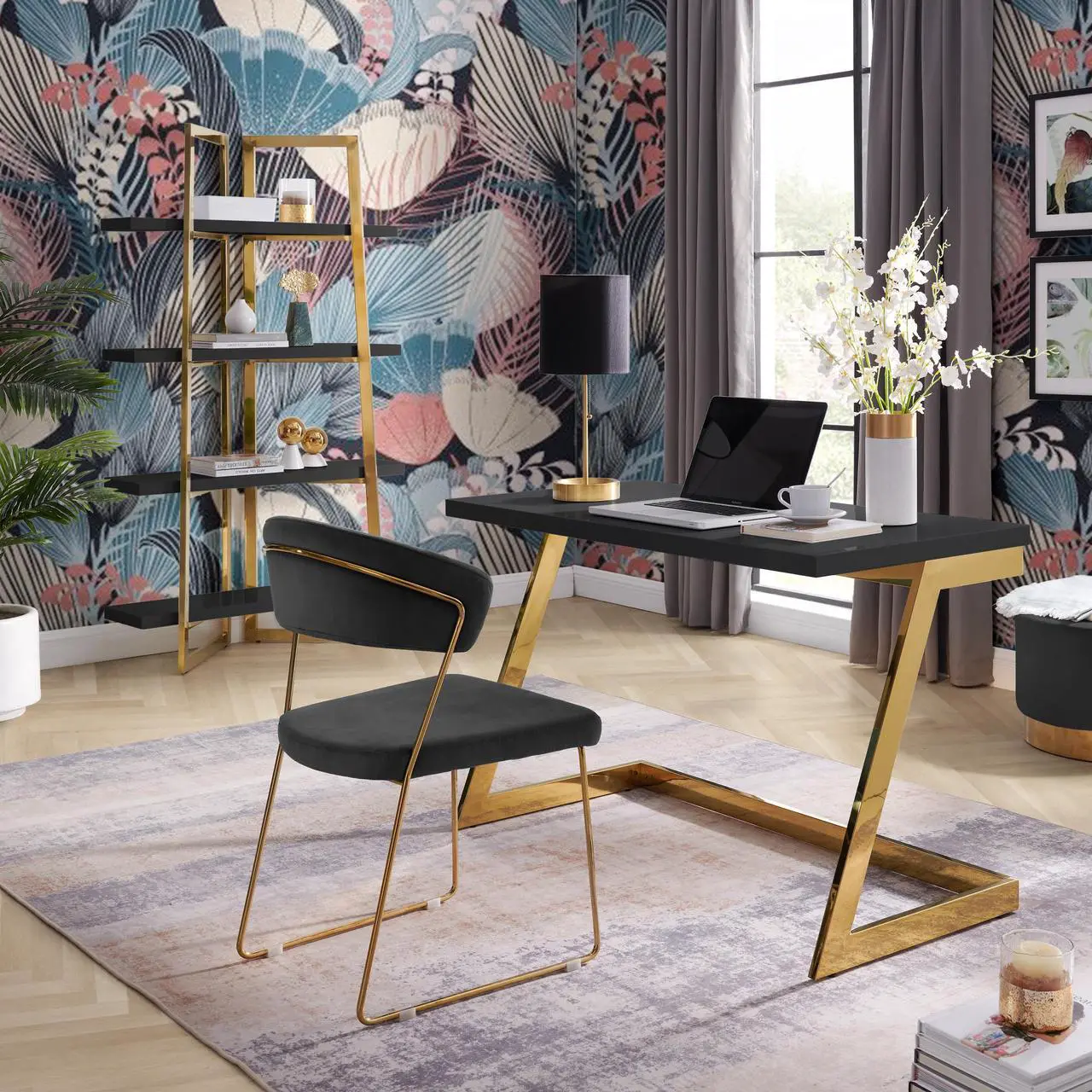 Alt view image 3 of 6 - Cozy Time Keoki Black/Gold Writing Desk - High Gloss Lacquer Finish Top | Polished Stainless Steel Base | Geometric Legs