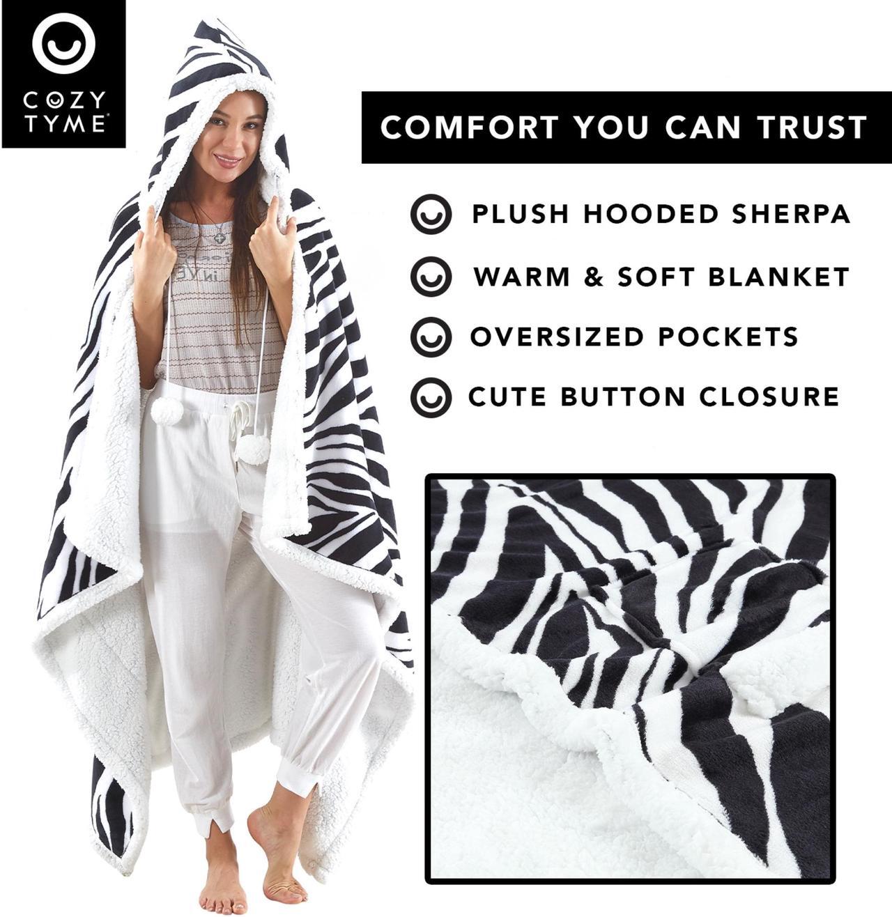 Alt view image 4 of 7 - Cozy Tyme Oversized Sherpa Wearable Blanket Hoodie - Cozy Blanket with Big Pockets 50"x70" Aliza, Zebra