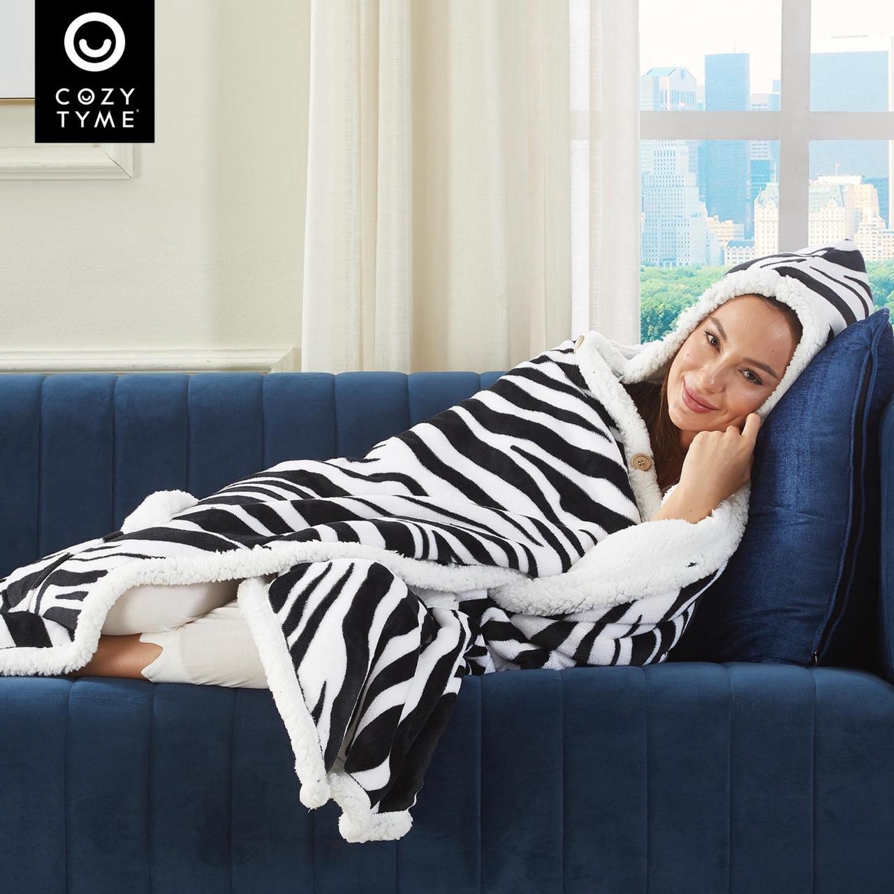 Alt view image 6 of 7 - Cozy Tyme Oversized Sherpa Wearable Blanket Hoodie - Cozy Blanket with Big Pockets 50"x70" Aliza, Zebra
