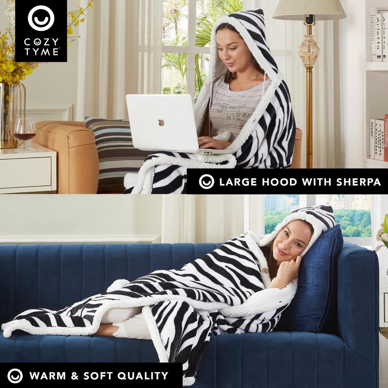 Alt view image 5 of 7 - Cozy Tyme Oversized Sherpa Wearable Blanket Hoodie - Cozy Blanket with Big Pockets 50"x70" Aliza, Zebra