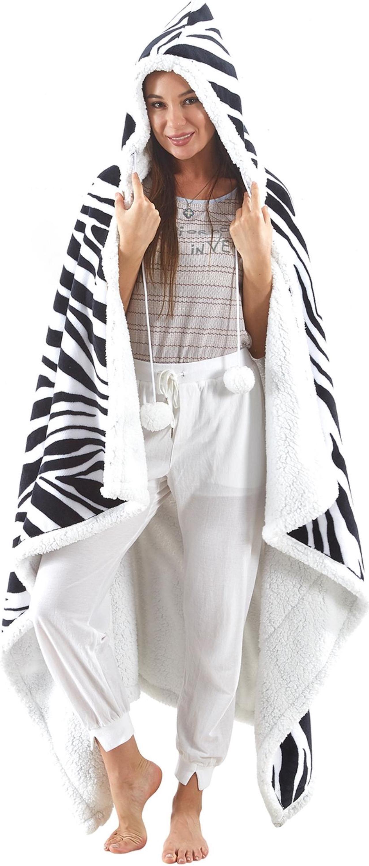 Alt view image 2 of 7 - Cozy Tyme Oversized Sherpa Wearable Blanket Hoodie - Cozy Blanket with Big Pockets 50"x70" Aliza, Zebra