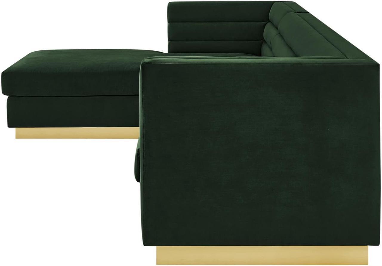 Alt view image 4 of 7 - Inspired Home Khyree Left Facing Chaise Sectional Sofa - Upholstered | Gold Base, Square Arms, Hunter Green Velvet