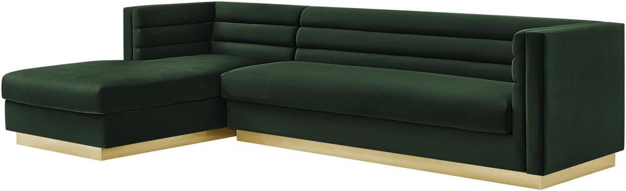 Alt view image 2 of 7 - Inspired Home Khyree Left Facing Chaise Sectional Sofa - Upholstered | Gold Base, Square Arms, Hunter Green Velvet