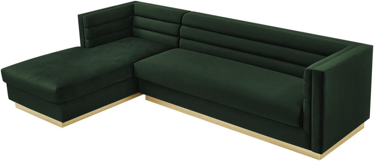 Alt view image 3 of 7 - Inspired Home Khyree Left Facing Chaise Sectional Sofa - Upholstered | Gold Base, Square Arms, Hunter Green Velvet