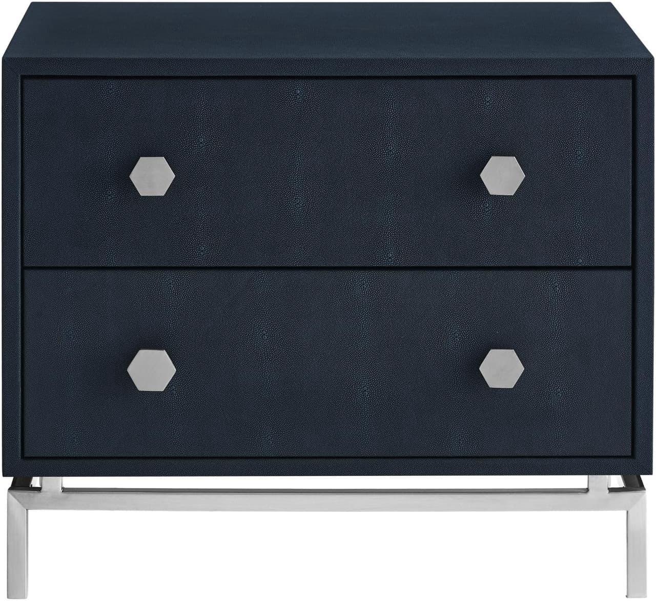 Alt view image 2 of 7 - Nicole Miller Linley Side Table - 2 Drawers | Brushed Stainless Steel Base, Navy/Chrome Faux Shagreen