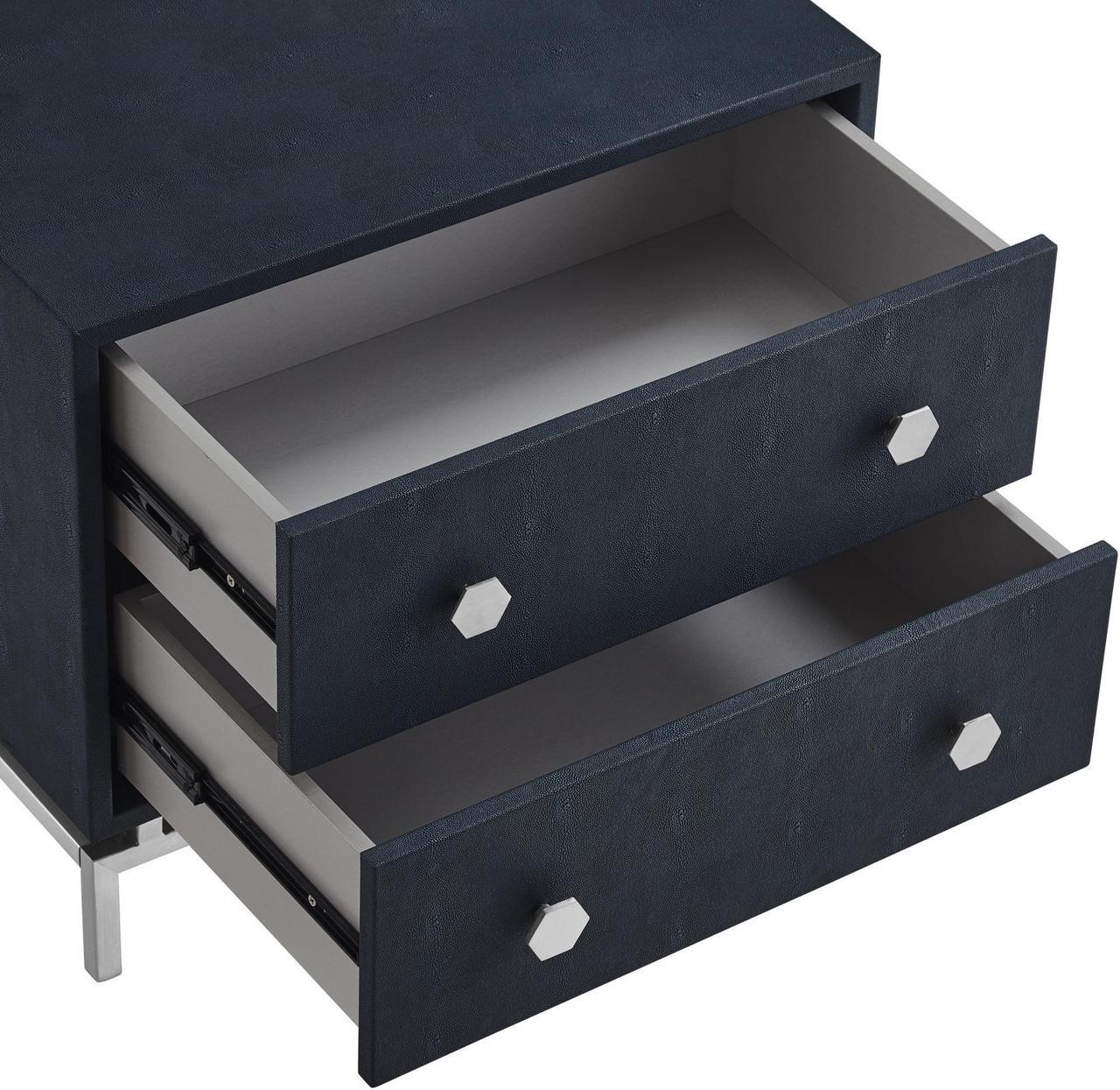 Alt view image 6 of 7 - Nicole Miller Linley Side Table - 2 Drawers | Brushed Stainless Steel Base, Navy/Chrome Faux Shagreen