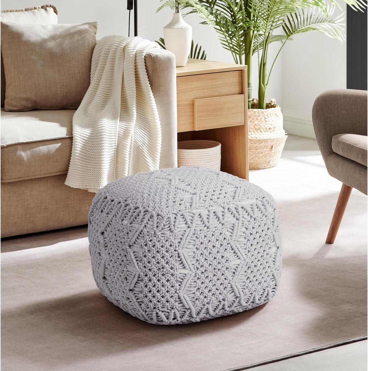 Main image of Loft Lyfe Jayne Pouf - Hand Knitted | Foam Beads Filling, Light Grey Cotton Yarn