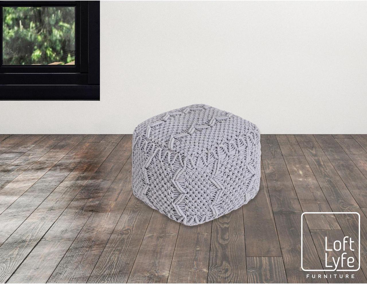 Alt view image 4 of 6 - Loft Lyfe Jayne Pouf - Hand Knitted | Foam Beads Filling, Light Grey Cotton Yarn
