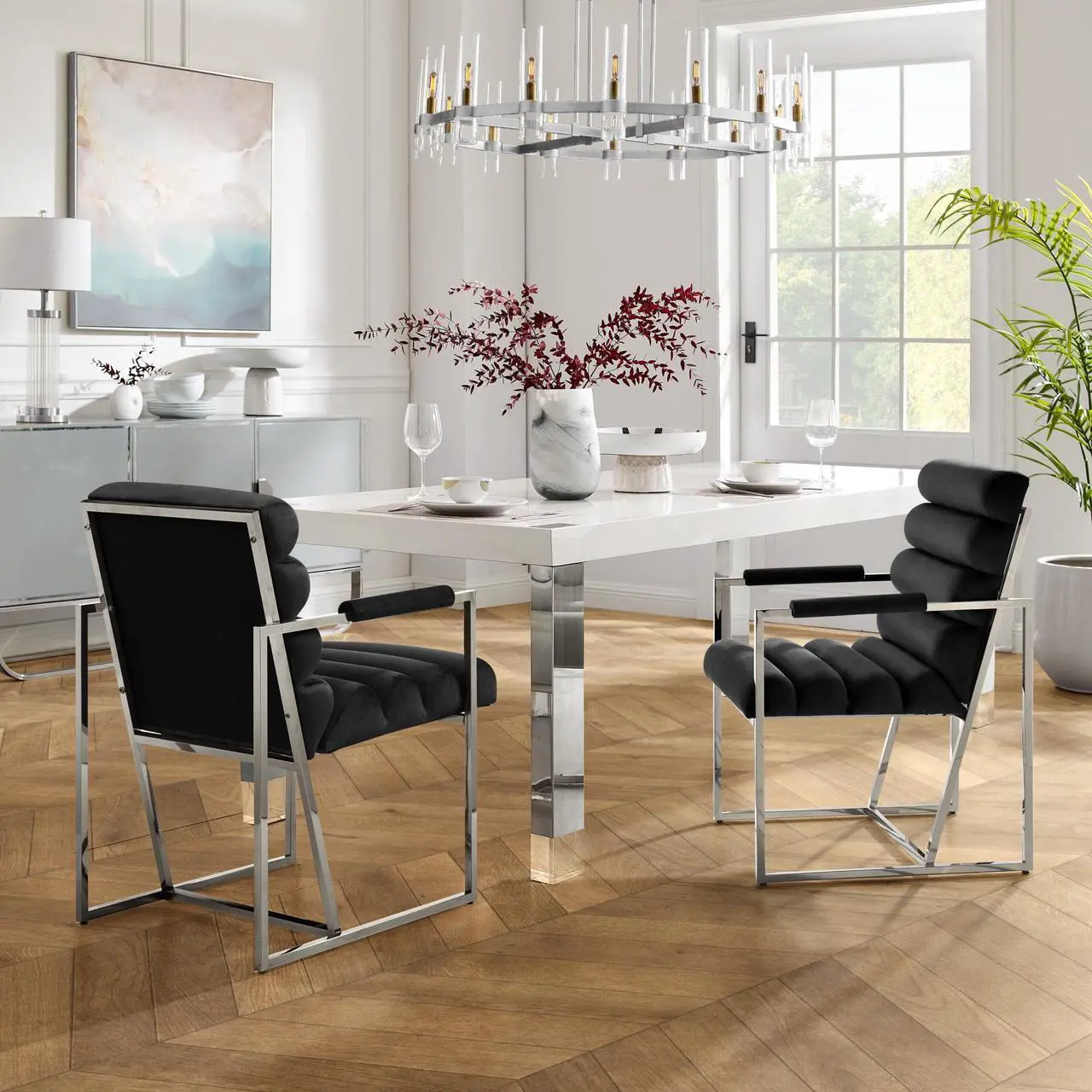 Main image of Inspired Home Lora Dining Chair - Upholstered, Stainless Steel Frame | Channel Tufted, Black/Chrome Velvet