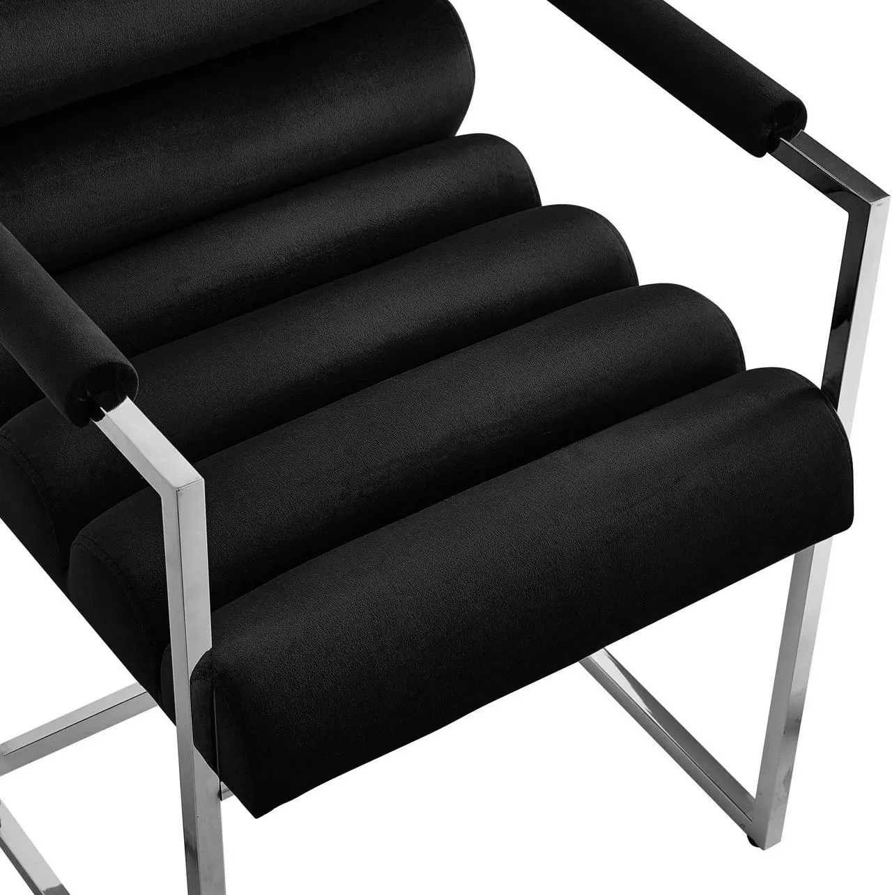 Alt view image 6 of 7 - Inspired Home Lora Dining Chair - Upholstered, Stainless Steel Frame | Channel Tufted, Black/Chrome Velvet