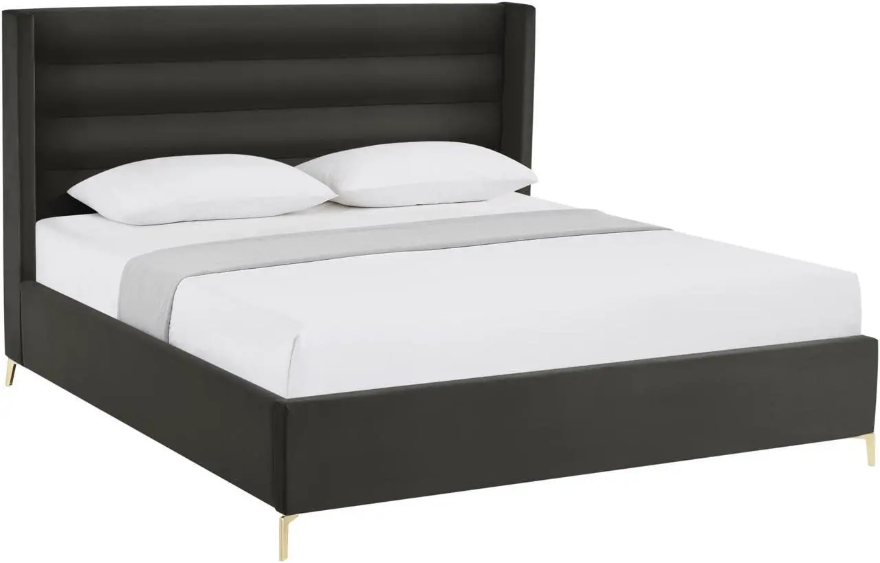 Alt view image 2 of 6 - Inspired Home Laron Platform Bed - Upholstered | Wingback Channel Tufted Headboard, Oblique Legs, Black Velvet