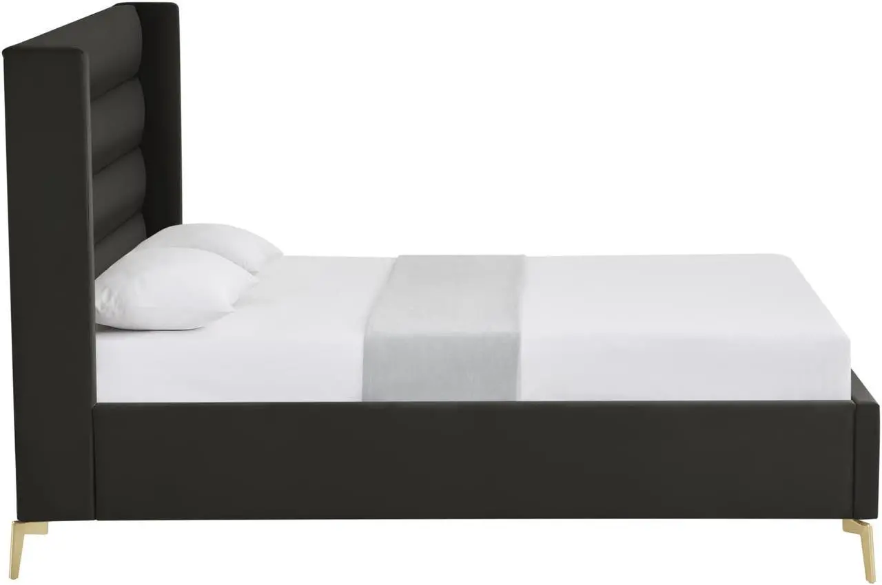 Alt view image 3 of 6 - Inspired Home Laron Platform Bed - Upholstered | Wingback Channel Tufted Headboard, Oblique Legs, Black Velvet