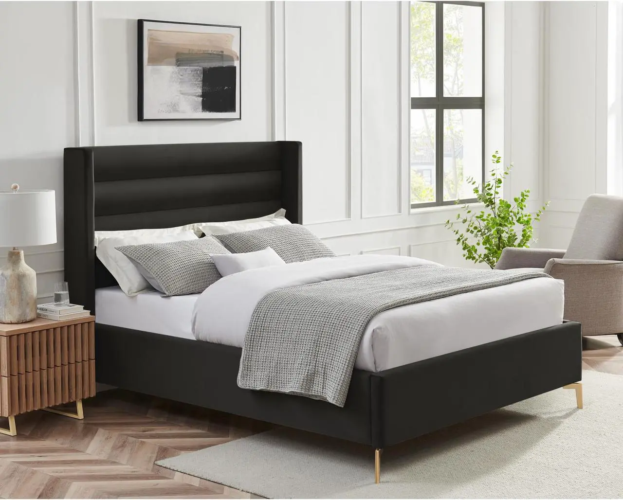 Main image of Inspired Home Laron Platform Bed - Upholstered | Wingback Channel Tufted Headboard, Oblique Legs, Black Velvet