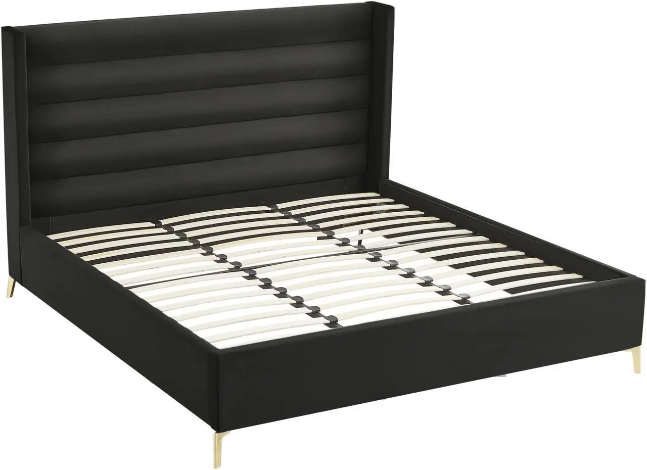 Alt view image 4 of 6 - Inspired Home Laron Platform Bed - Upholstered | Wingback Channel Tufted Headboard, Oblique Legs, Black Velvet