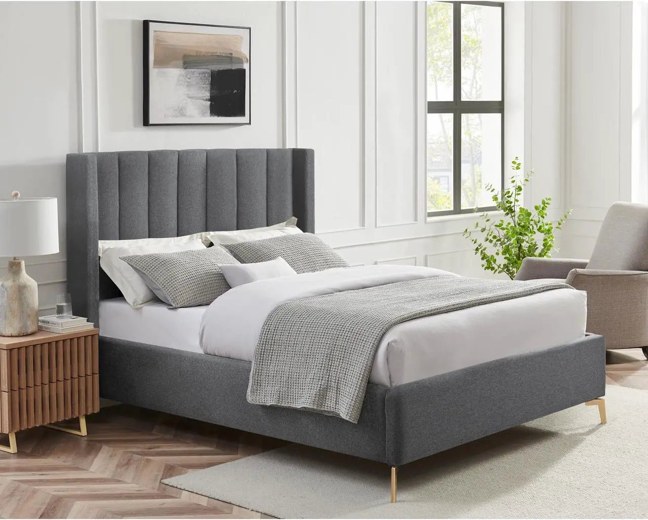 Main image of Inspired Home Kristofer Platform Bed - Upholstered | Wingback Channel Tufted Headboard, Oblique Legs, Grey Linen