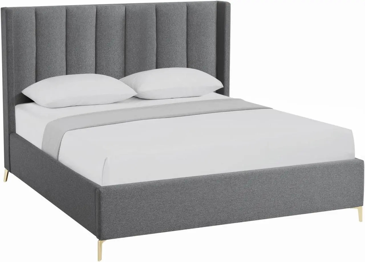 Alt view image 2 of 6 - Inspired Home Kristofer Platform Bed - Upholstered | Wingback Channel Tufted Headboard, Oblique Legs, Grey Linen