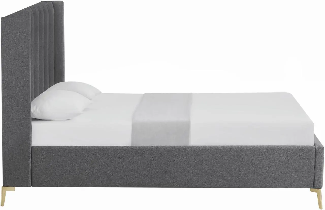 Alt view image 3 of 6 - Inspired Home Kristofer Platform Bed - Upholstered | Wingback Channel Tufted Headboard, Oblique Legs, Grey Linen