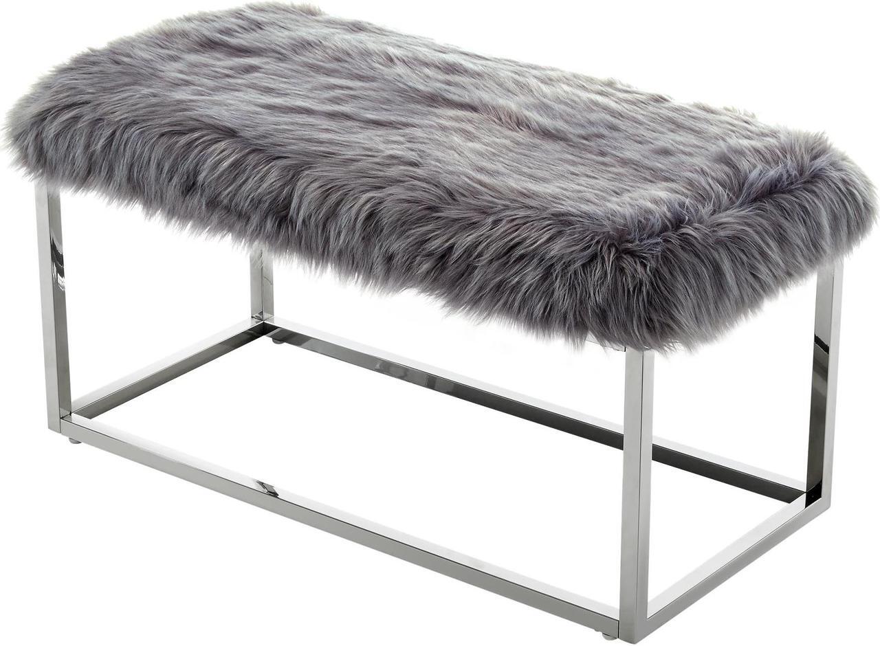 Alt view image 3 of 7 - Paul Grey Faux Fur Bench - Chrome Frame | Ottoman | Living Room, Entryway, Bedroom | Inspired Home