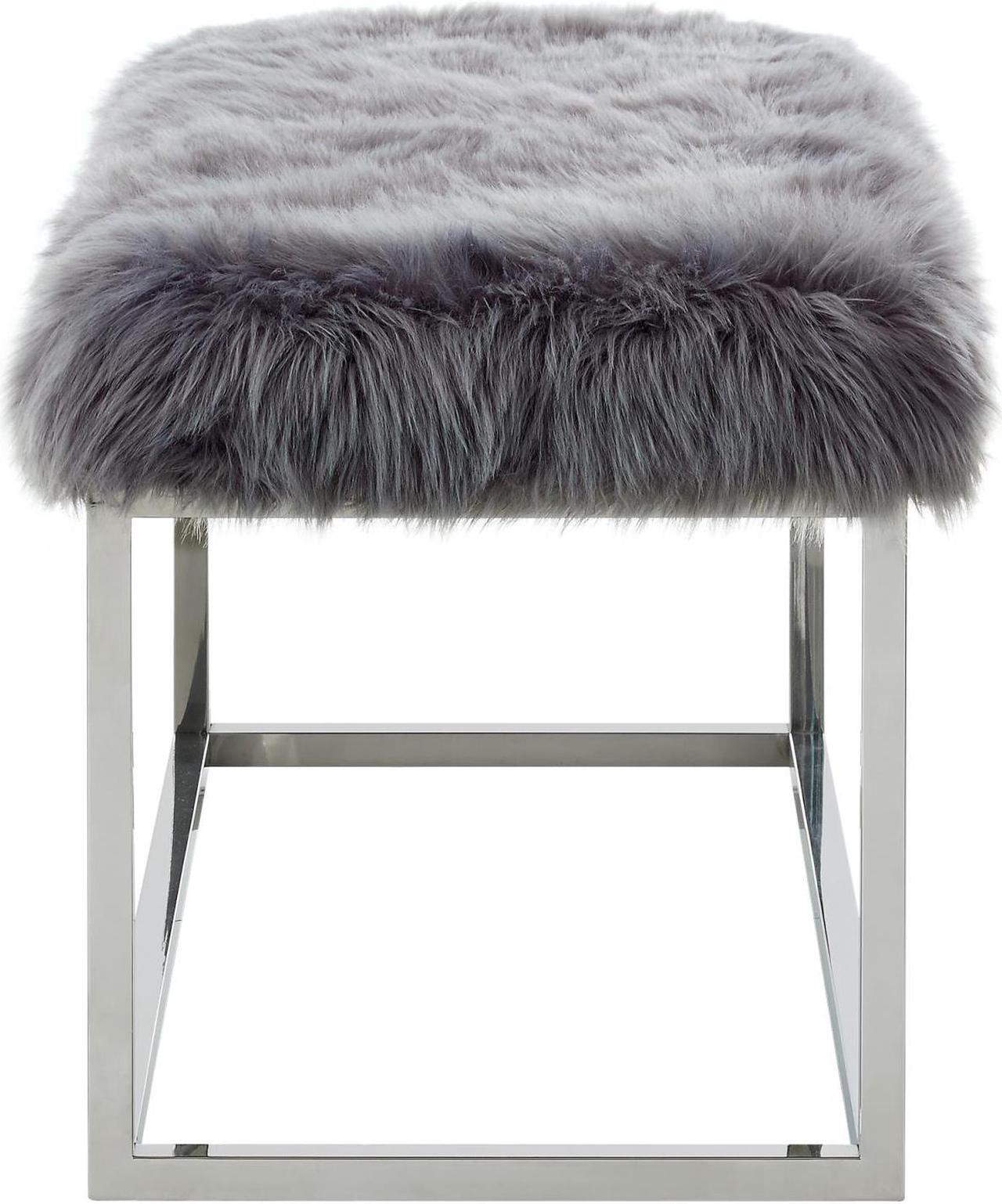 Alt view image 4 of 7 - Paul Grey Faux Fur Bench - Chrome Frame | Ottoman | Living Room, Entryway, Bedroom | Inspired Home