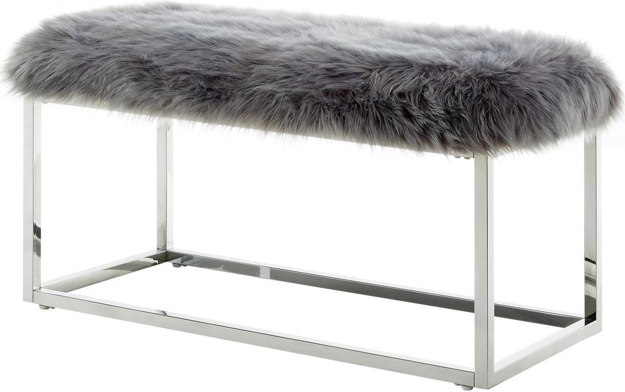 Alt view image 2 of 7 - Paul Grey Faux Fur Bench - Chrome Frame | Ottoman | Living Room, Entryway, Bedroom | Inspired Home