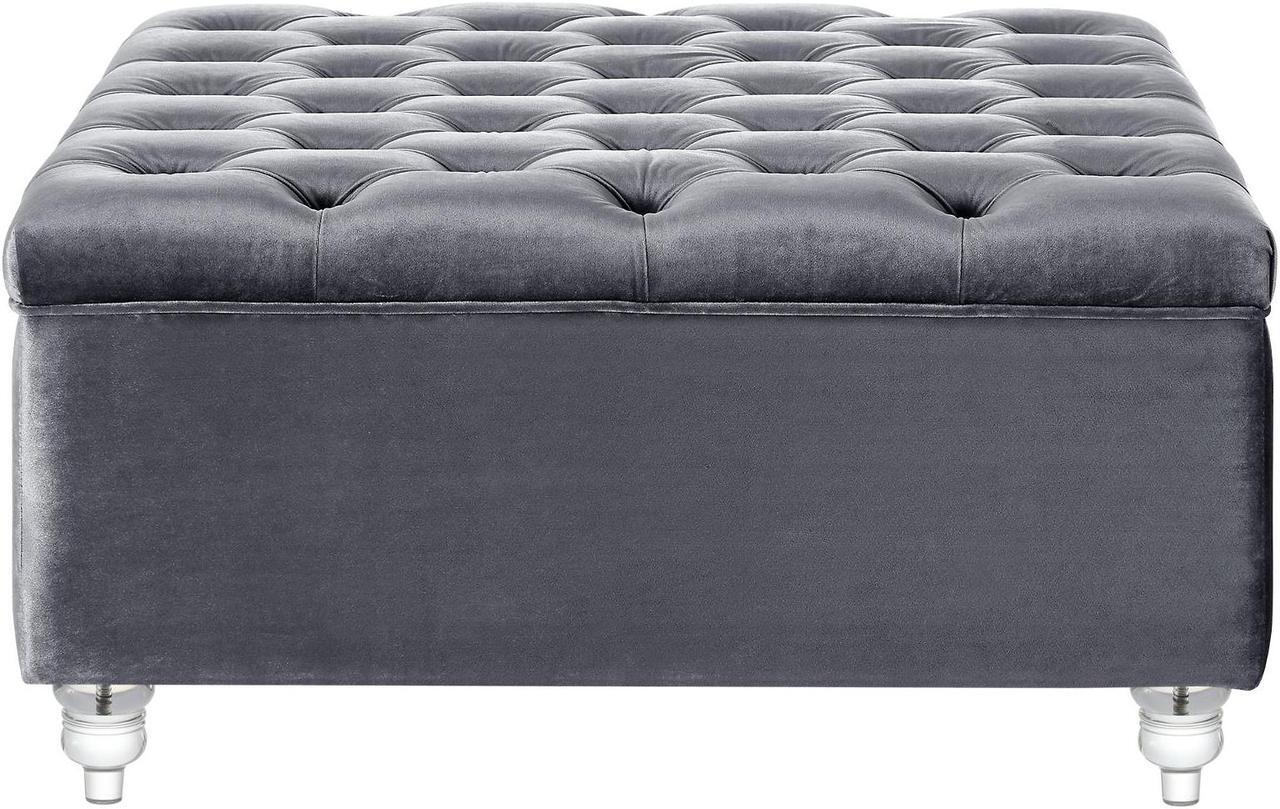 Alt view image 4 of 7 - Hugo Grey Velvet Storage Ottoman - Oversized Cocktail Coffee Table | Square | Tufted | Lucite Legs | Inspired Home
