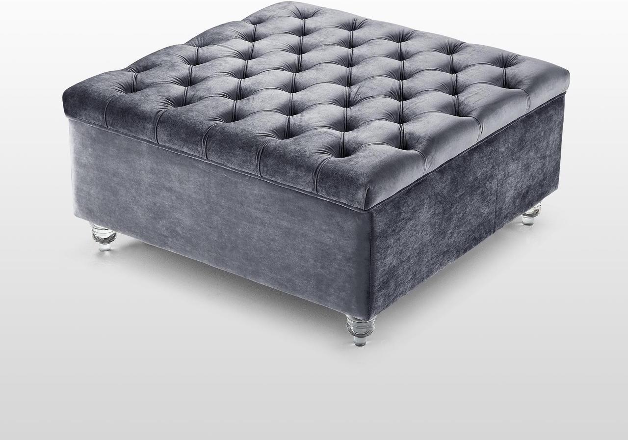 Alt view image 3 of 7 - Hugo Grey Velvet Storage Ottoman - Oversized Cocktail Coffee Table | Square | Tufted | Lucite Legs | Inspired Home