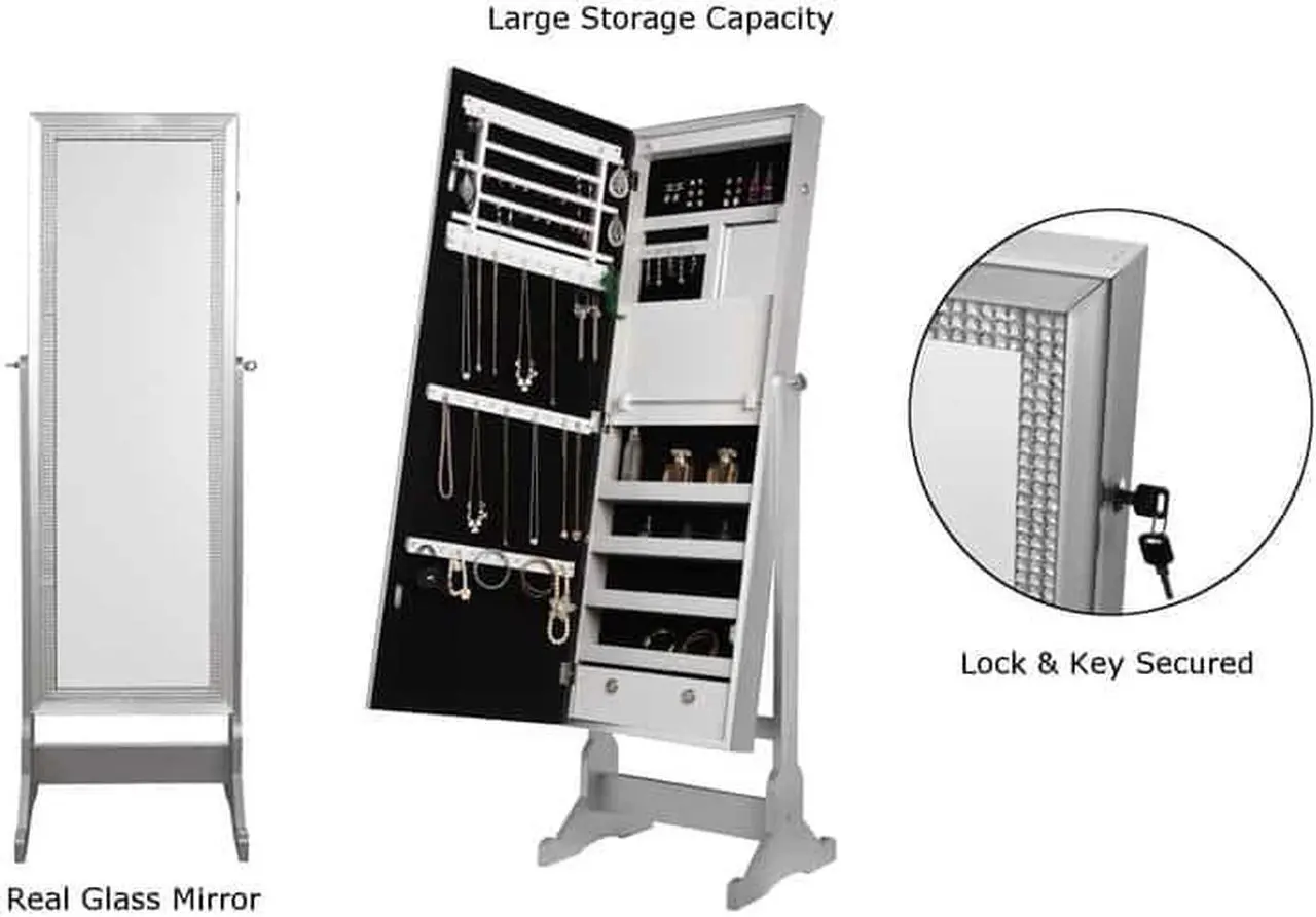 Alt view image 2 of 7 - Bling Classic Silver Full Length Jewelry Cheval Armoire - Makeup Storage | Organizer | Crystal Border | Lockable with LED Lights | Inspired Home