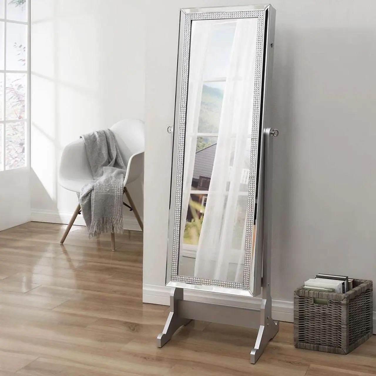 Main image of Bling Classic Silver Full Length Jewelry Cheval Armoire - Makeup Storage | Organizer | Crystal Border | Lockable with LED Lights | Inspired Home