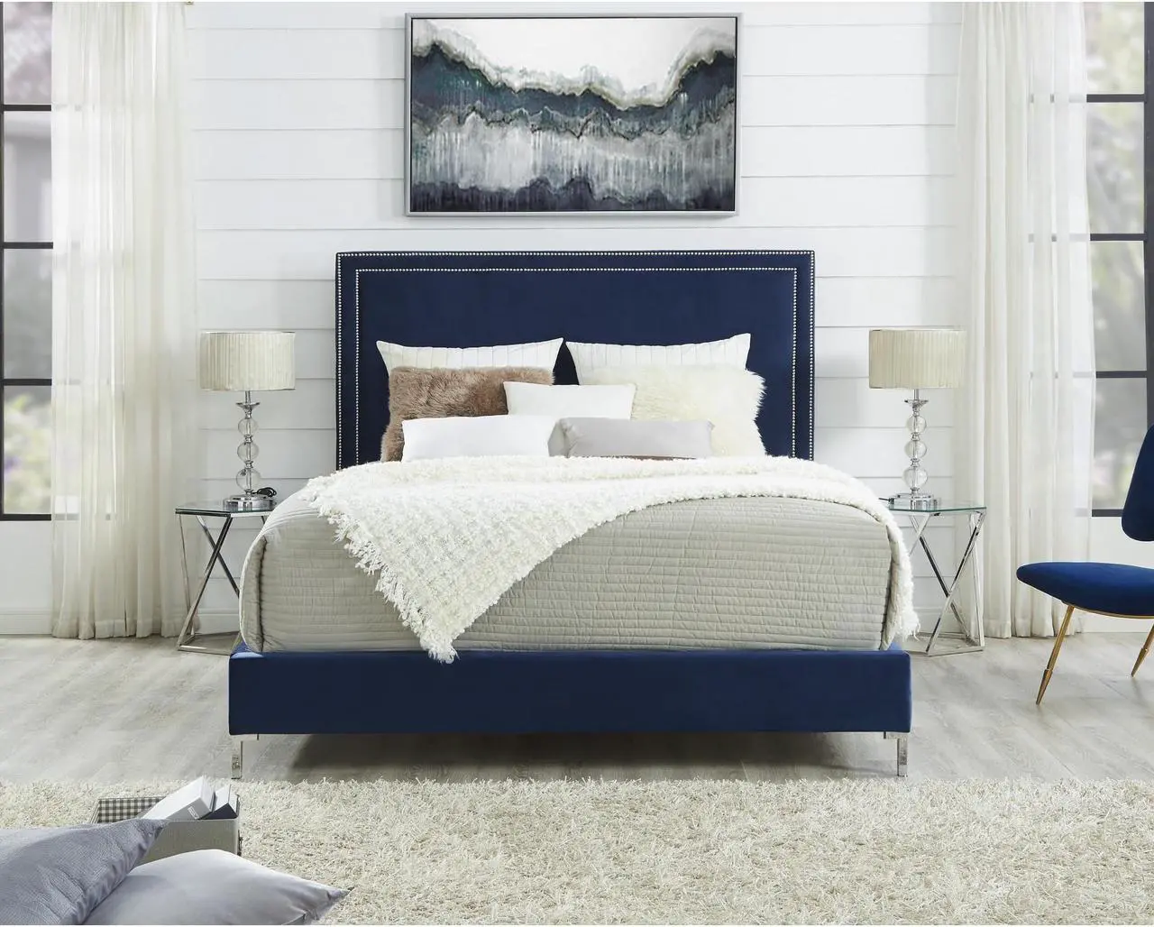 Main image of Mansfield Blue Velvet Platform Bedframe - King Size | Nailhead Trim | Modern and Contemporary | Inspired Home