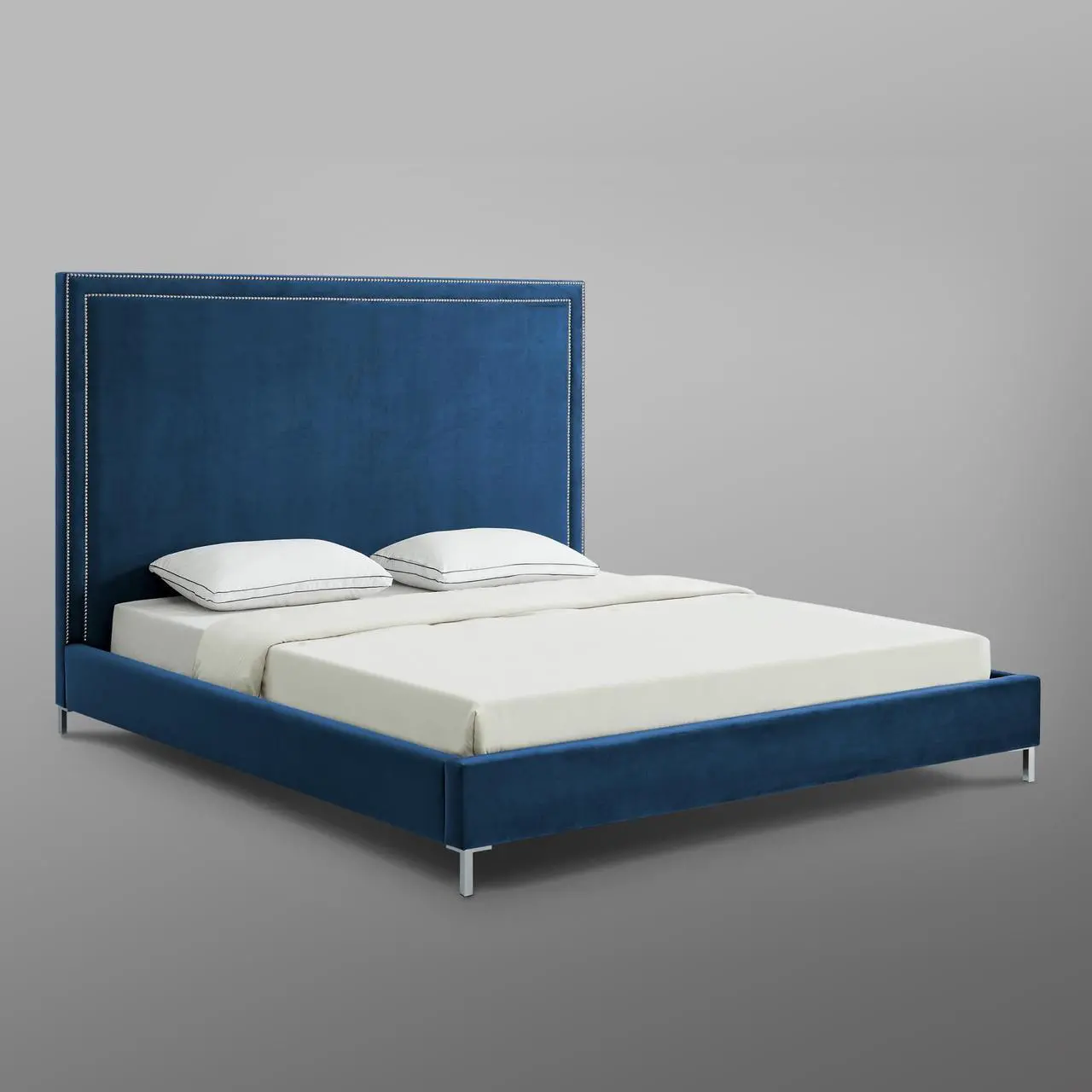 Alt view image 5 of 7 - Mansfield Blue Velvet Platform Bedframe - King Size | Nailhead Trim | Modern and Contemporary | Inspired Home