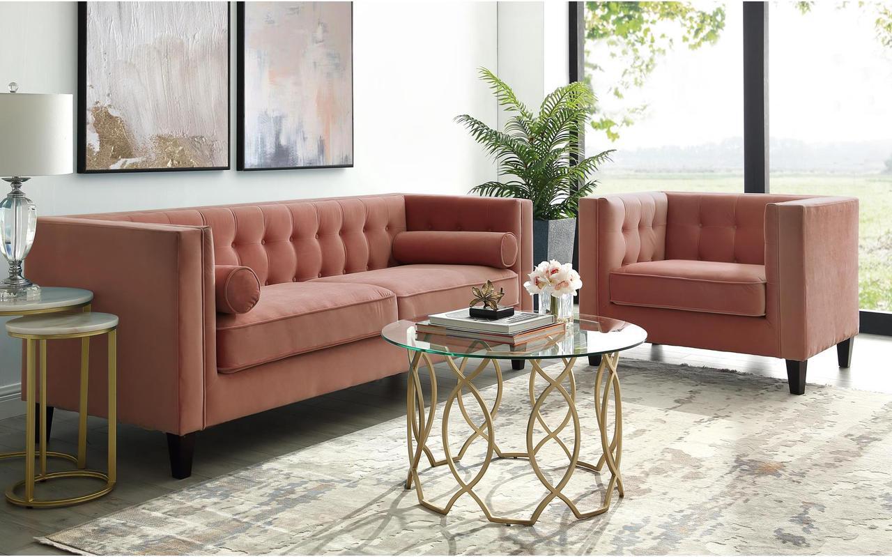 Alt view image 2 of 7 - Kenn Blush Velvet Club Chair or Sofa - Button Tufted | Espresso Tapered Leg | Square Arms | Inspired Home