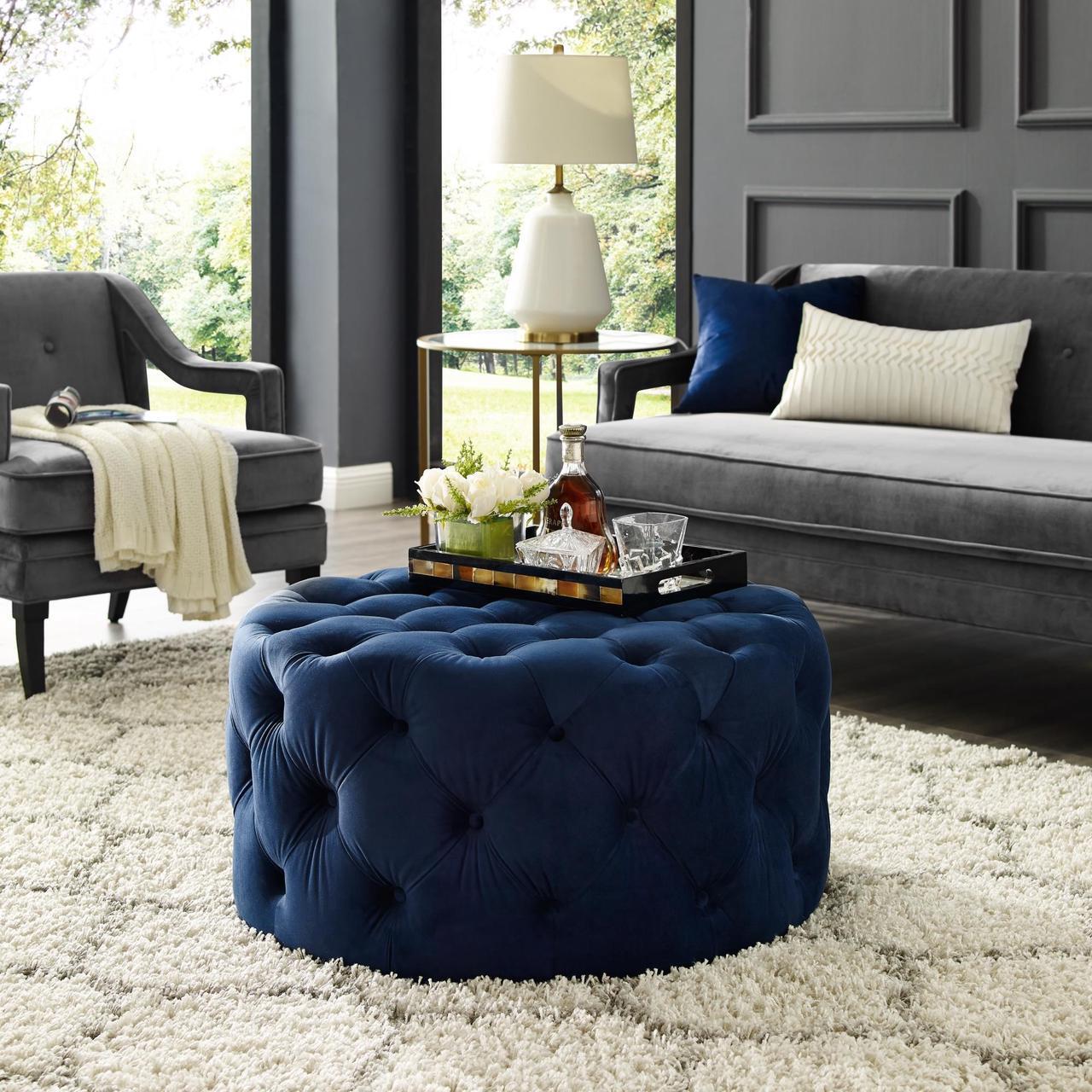 Main image of Jenelle Navy Blue Velvet Cocktail Ottoman - Allover Tufted | Round | Castered Legs | Inspired Home