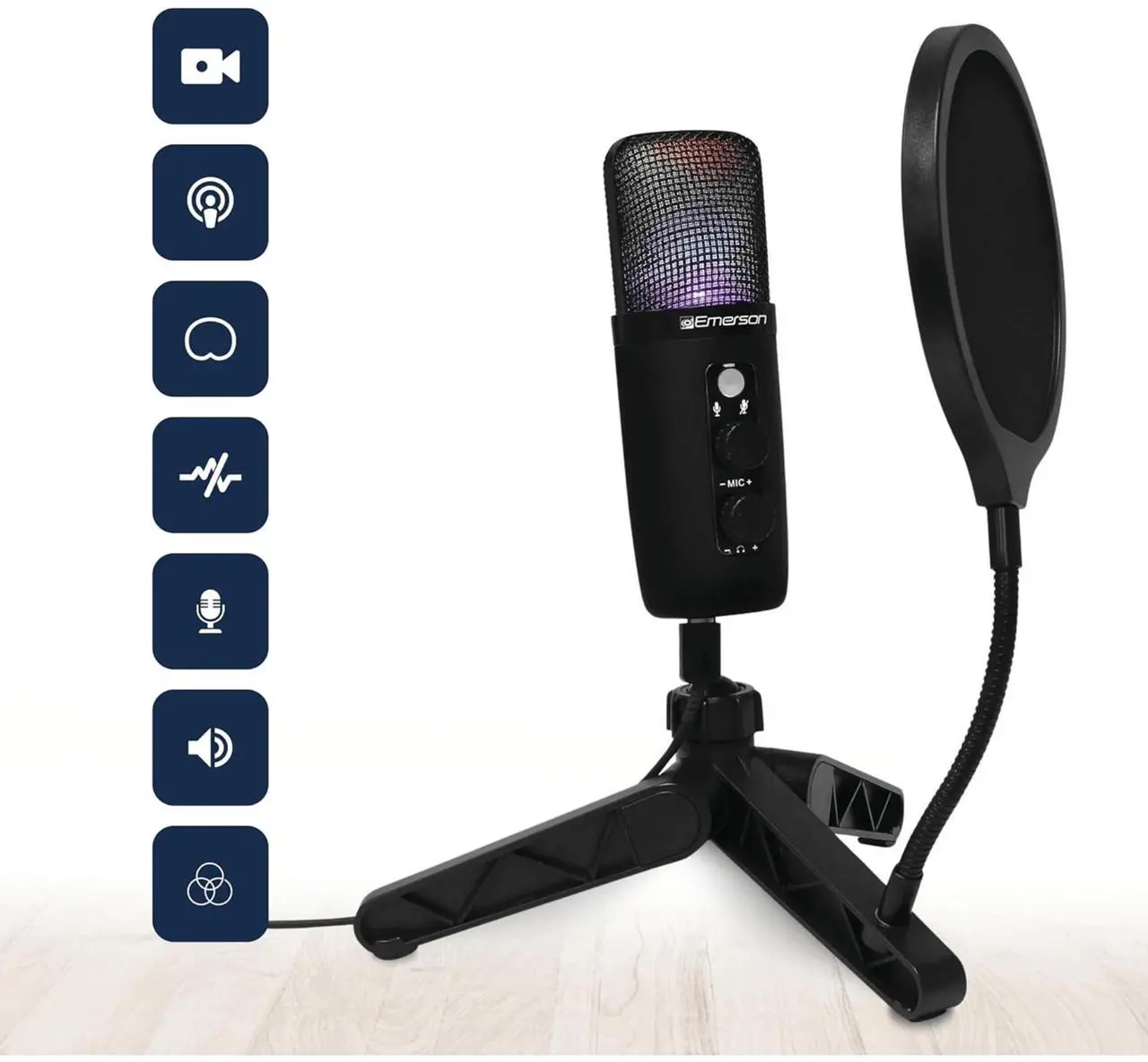 Alt view image 5 of 7 - Emerson USB Gaming and Streaming Condenser Microphone with LED Lighting