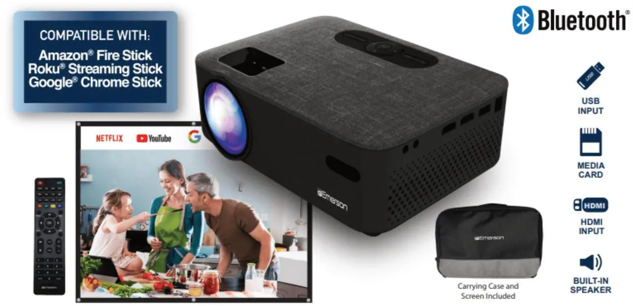 Alt view image 6 of 7 - Emerson 150" Home Theater LCD Portable Projector with 100” Portable Projector Screen & carrying case Combo EVP-2001C (Black)
