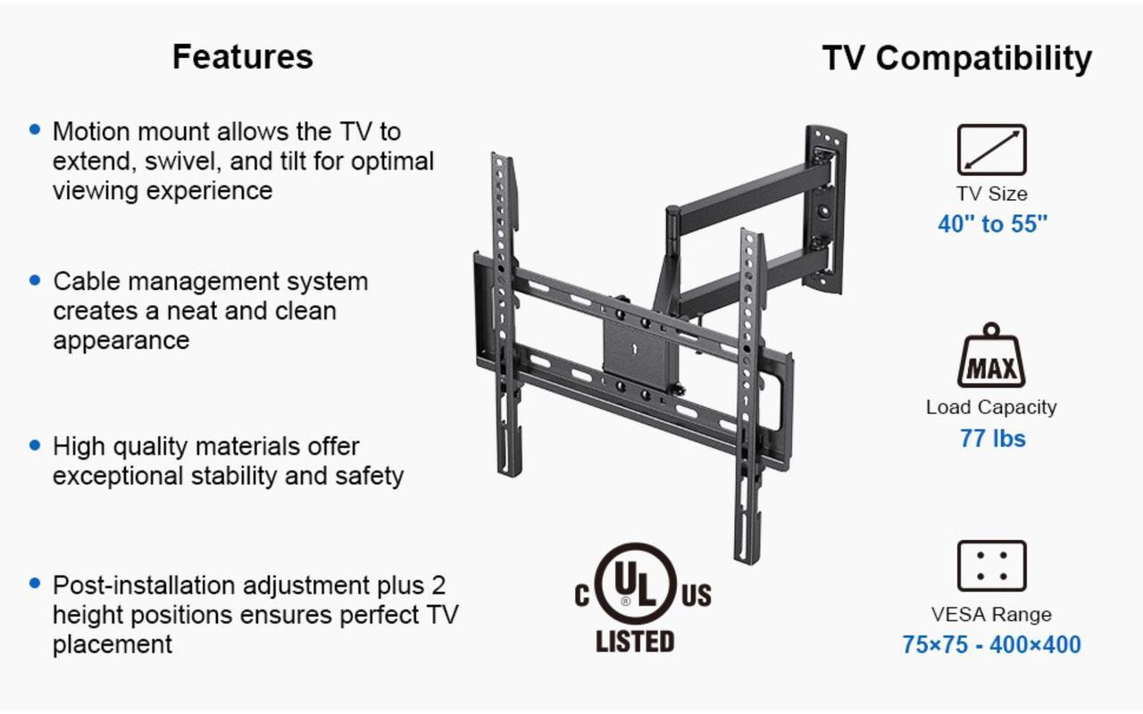 Alt view image 4 of 7 - ErgoAV Single Stud Motion Mount for TVs 40" to 55" and up to 77lbs