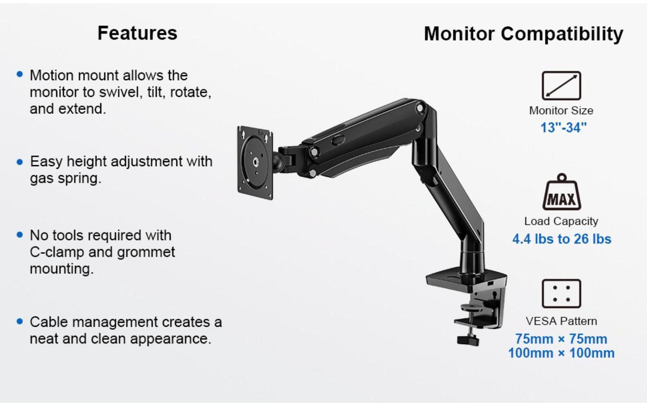 Alt view image 6 of 7 - ErgoAV Gas Spring Desk Mount for Single Monitors 13" to 34" and up to 26lbs