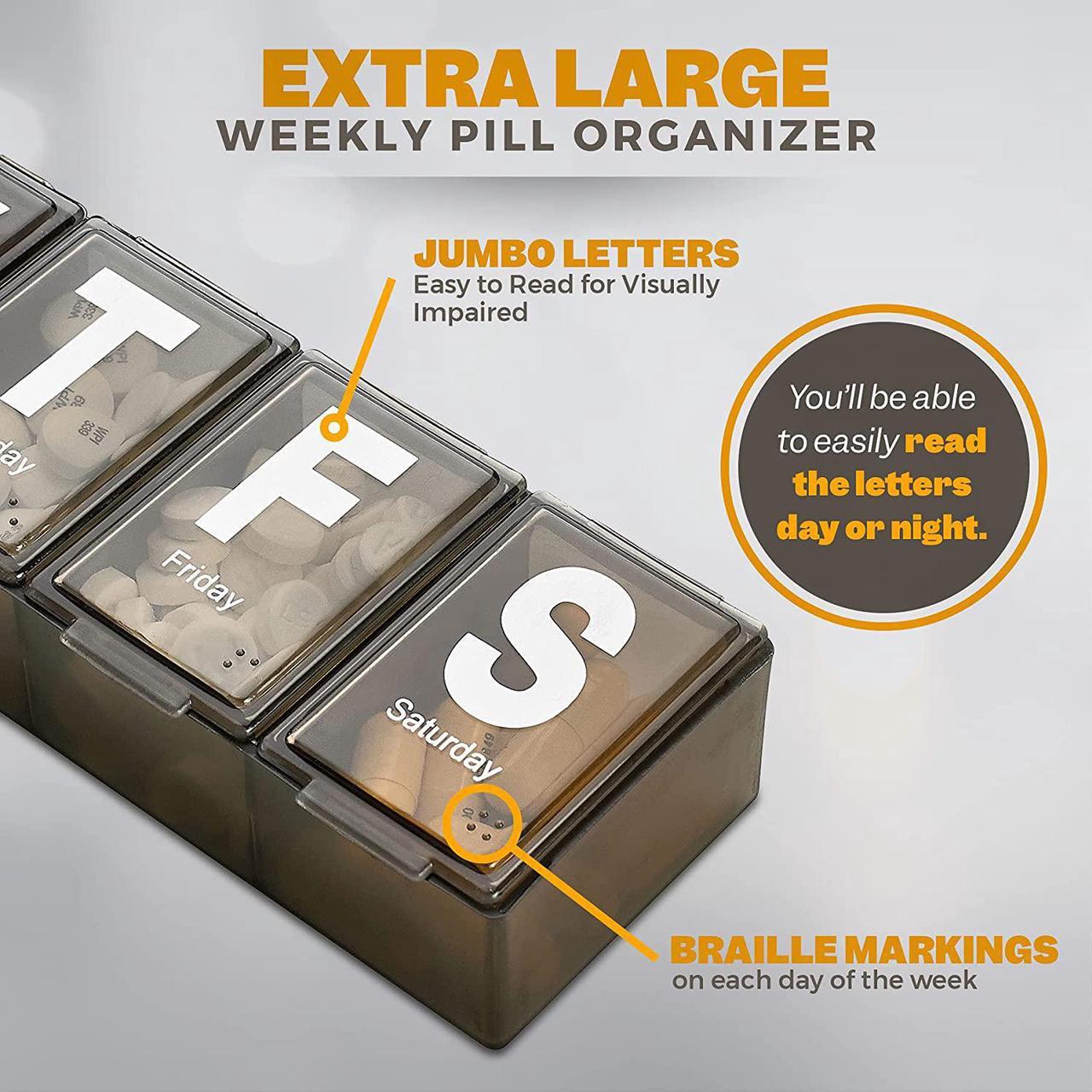 Alt view image 2 of 7 - Weekly Pill Organizer - Extra Large with Easy to Read Jumbo Letters Vitamin Container, BPA Free - Daily Travel 7 Day Medication Pill Box Case, (Black)
