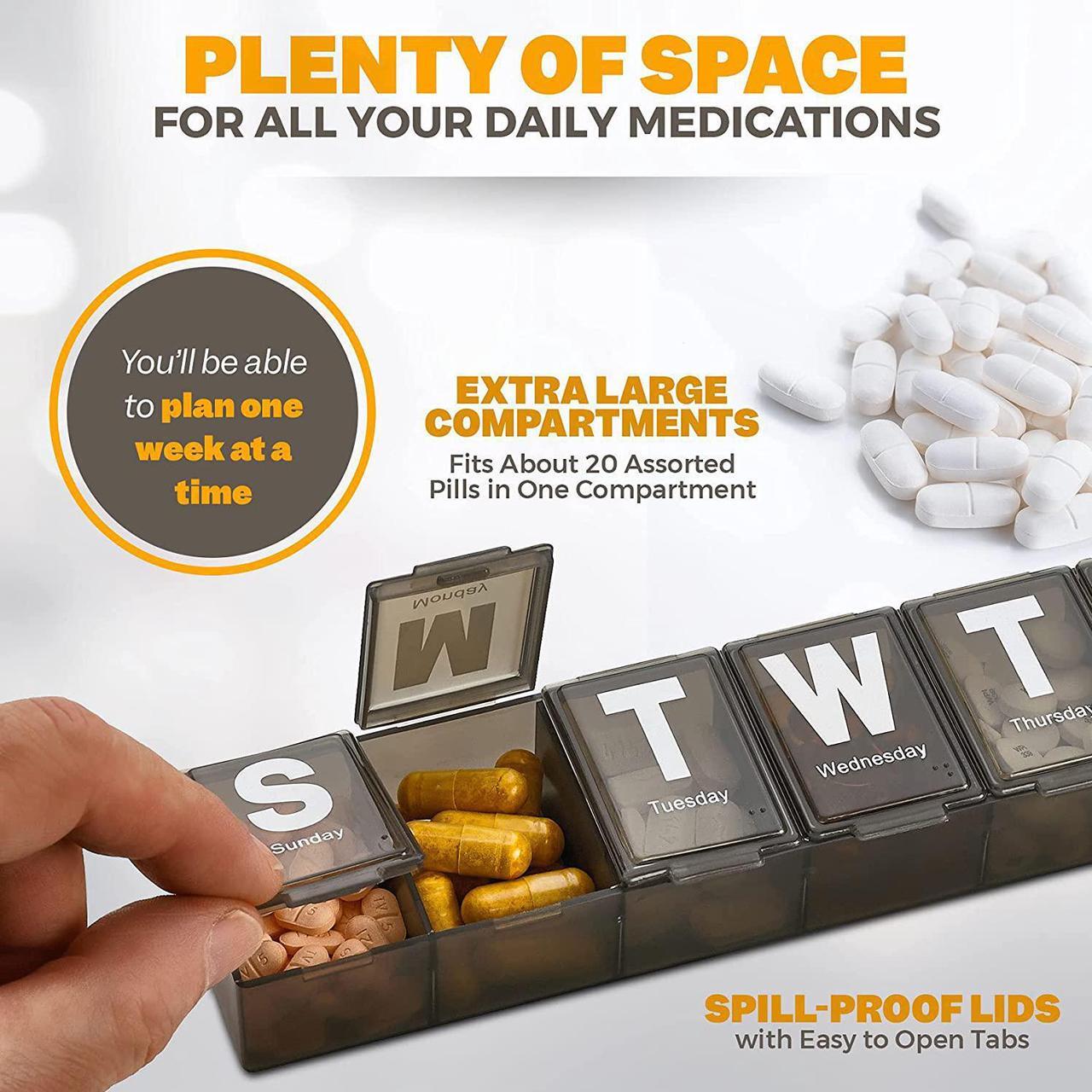 Alt view image 3 of 7 - Weekly Pill Organizer - Extra Large with Easy to Read Jumbo Letters Vitamin Container, BPA Free - Daily Travel 7 Day Medication Pill Box Case, (Black)