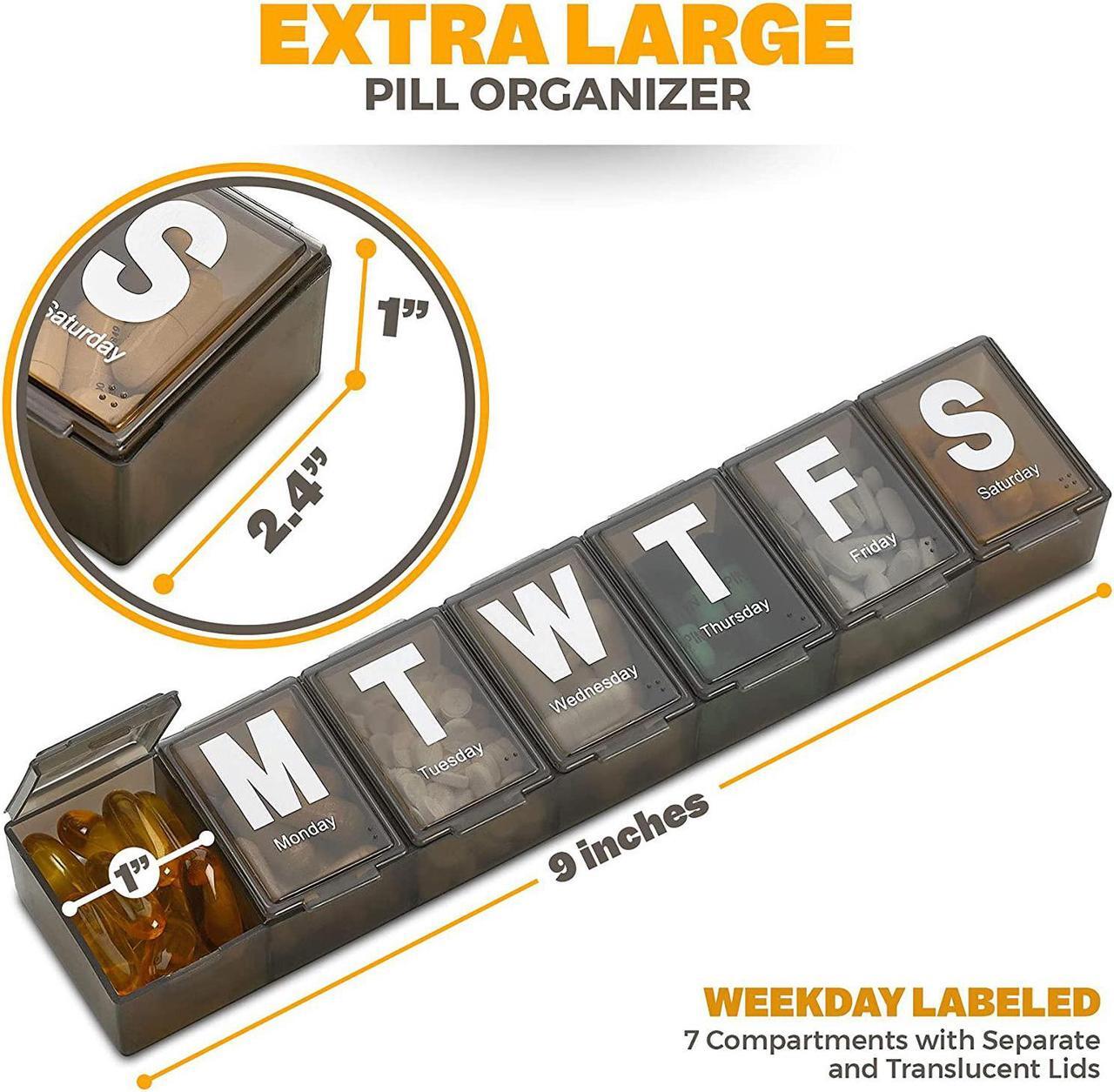 Alt view image 4 of 7 - Weekly Pill Organizer - Extra Large with Easy to Read Jumbo Letters Vitamin Container, BPA Free - Daily Travel 7 Day Medication Pill Box Case, (Black)