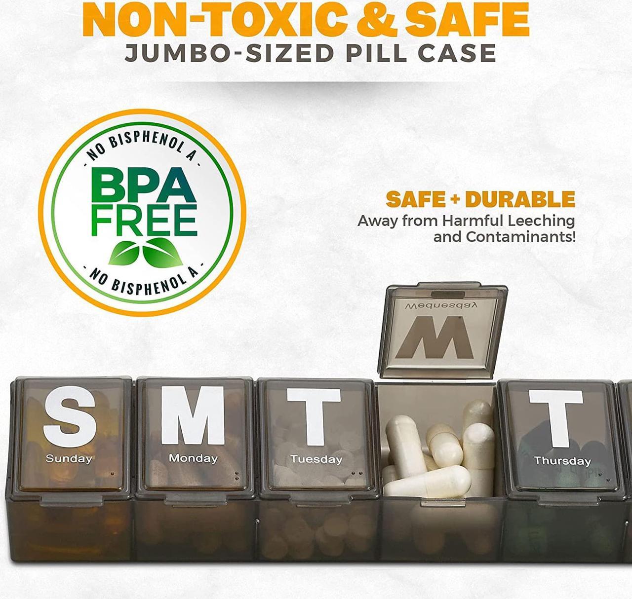 Alt view image 5 of 7 - Weekly Pill Organizer - Extra Large with Easy to Read Jumbo Letters Vitamin Container, BPA Free - Daily Travel 7 Day Medication Pill Box Case, (Black)